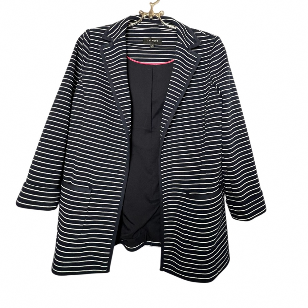 Talbots MODERN OTTOMAN SWEATER JACKET Blue and White Striped Size Small